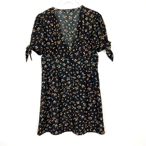 Nasty Gal Dress Women's 8 Black Orange Tea Floral Button Down Cinched Waist Mini - Picture 2 of 16